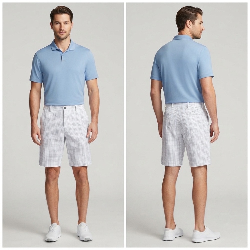 Nike Golf Fit Dry Plaid Shorts Mens 38 White Blue 319691-100 Performance Golfing